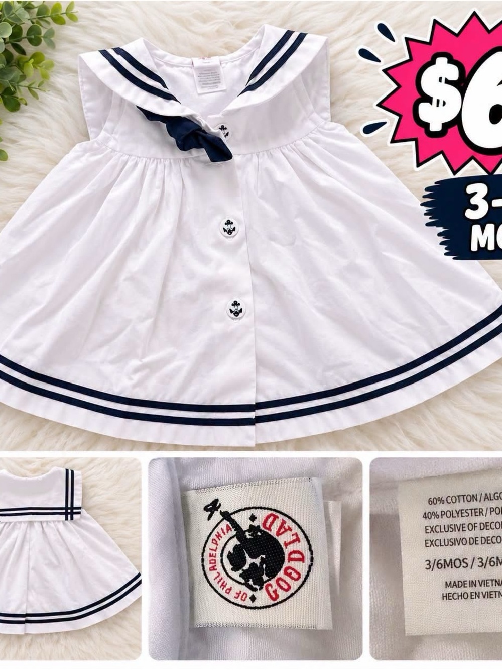 White & Navy Sailor Dress for Baby